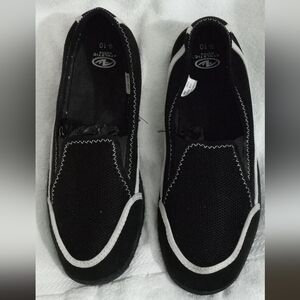 Athletic Work Black Mesh Shoes w/ White Stripe On Side- Size 9-10